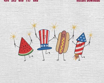 Patriotic Doodle Embroidery Design, 4th of July Machine Design, Watermelon Hotdog Firework Embroidery, Retro American, 5 sizes