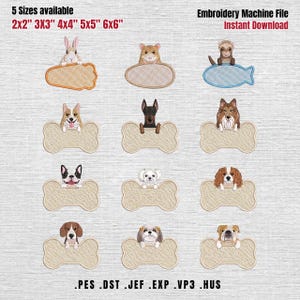 Puede incluir: Un archivo de máquina de bordar con doce diseños de animales, incluyendo un conejo, hámster, hurón y varias razas de perros, cada uno sobre un marco en forma de hueso u óvalo. El texto incluye 5 Sizes available 2x2 3x3 4x4 5x5 6x6, Embroidery Machine File, Instant Download y los formatos PES, DST, JEF, EXP, VP3, HUS.