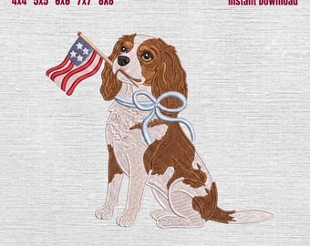 Cavalier King Charles Patriotic Embroidery Design, King Charles with American Flag Machine File, 4th of July Dog Embroidery File, 5 Sizes