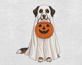 Bernese Ghost Embroidery Designs, Halloween Dog Embroidery File, Ghost Dog Pumpkin Embroidery, Trick Or Treat Pet Pes Dst, 5 sizes