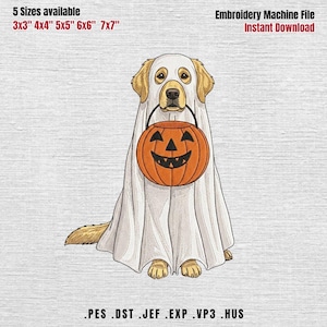 Puede incluir: Un archivo de bordado que muestra un golden retriever con un disfraz de fantasma blanco sosteniendo un cubo de calabaza naranja. El texto incluye 5 Sizes available 3x3 4x4 5x5 6x6 7x7 y los formatos PES DST JEF EXP VP3 HUS.