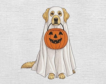 Golden Retriever Ghost Embroidery Designs, Halloween Dog Embroidery File, Ghost Dog Pumpkin Embroidery, Trick Or Treat Pet Pes Dst, 5 sizes