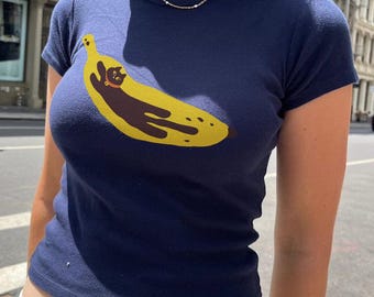 Banana Cat Baby Tee, Y2K Graphic Crop Top, Kawaii Cat Lover Streetwear