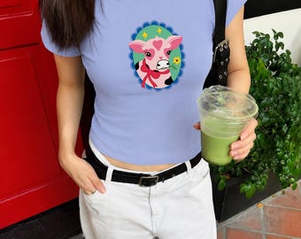 Camiseta rosa de vaca para bebé, camiseta con estampado de animales de granja kawaii, top estilo cottagecore.
