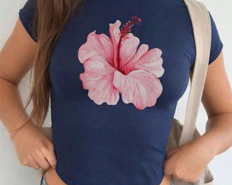 Hibiscus Flower Baby Tee, Tropical Floral Shirt, Bella Canvas Fitted Top