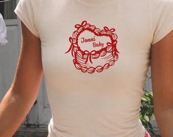 Camiseta de bebé Coquette con nombre personalizado, camiseta con estampado de lazo de corazón, estilo Y2K