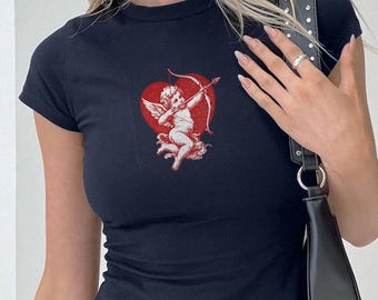 Camiseta Cupido Baby, Camiseta Vintage Angel Graphic Shirt, Top Coquette Heart Y2K