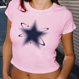 Y2K Star Graphic Baby Tee, Retro Cosmic Indie Grunge Top image 3