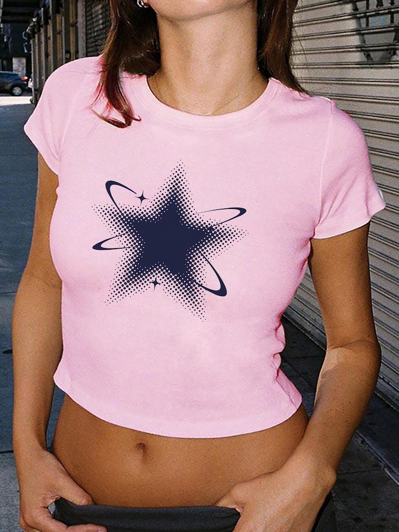 Y2K Star Graphic Baby Tee, Retro Cosmic Indie Grunge Top image 3