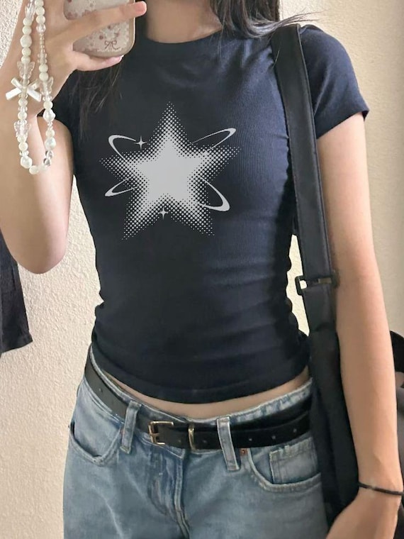 Y2K Star Graphic Baby Tee, Retro Cosmic Indie Grunge Top
