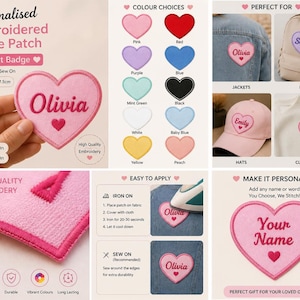 May include: A personalized embroidered name patch in a heart shape, with the name "Olivia" embroidered in pink. The patch is 8.5cm x 7.5cm and can be ironed on or sewn on. Color options include pink, red, purple, blue, mint green, black, white, yellow, and peach.