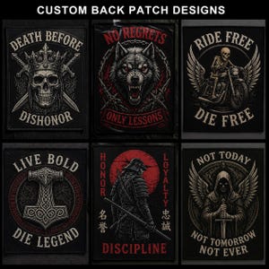 Op de afbeelding: Collectie aangepaste rugpatch-ontwerpen met diverse afbeeldingen en tekst. Ontwerpen omvatten een schedel met gekruiste zwaarden, een wolf, een skelet op een motorfiets, een hamer, een samoerai en een figuur met capuchon. Elke patch heeft gedurfde tekst en ingewikkelde details.