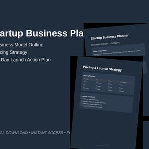 Könnte beinhalten: Dunkelblaue digitale Grafik mit der Aufschrift "Startup Business Plan". Sie enthält einen Geschäftsmodell-Entwurf, eine Preisstrategie und einen 90-Tage-Startaktionsplan. Die Wörter "Digitaler Download" und "Sofortiger Zugriff" sind ebenfalls sichtbar.