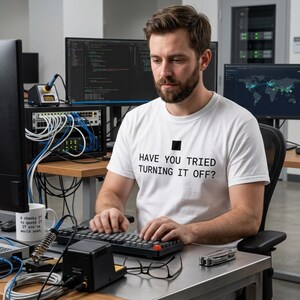 Hai provato a spegnerlo? Magliette, Maglietta divertente per l'assistenza tecnica, Regalo per il reparto IT, Umorismo sulla riparazione di computer, Abbigliamento da programmatore geek