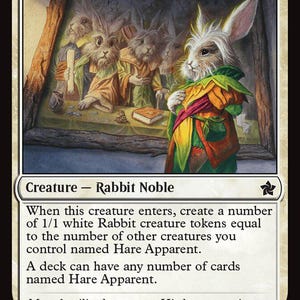 May include: A white card titled "Hare Apparent" features a rabbit in colorful attire, standing before a painting of other rabbits. The card is labeled "Creature - Rabbit Noble" and includes game text and a power/toughness of 2/2.
