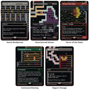 May include: Five rectangular trading cards featuring pixelated ASCII-style graphics on black backgrounds. The cards are titled Secret Rendezvous, Rune-Scarred Demon, Terror of the Peaks, Communal Brewing, and Rogue's Passage, each displaying game text.