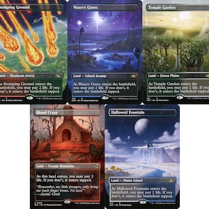 May include: Five Magic: The Gathering cards featuring fantasy landscapes. Titles include "Stomping Ground," "Watery Grave," "Temple Garden," "Blood Crypt," and "Hallowed Fountain." Each card has a unique art style and text description.