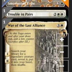 K&ouml;nnte beinhalten: Eine digitale Benutzeroberfl&auml;che, die eine Sammlung von f&uuml;nf Magic: The Gathering-Sammelkarten mit dem Titel Enchantment anzeigt. Die Liste enth&auml;lt Court of Grace, Land Tax, Smothering Tithe, Trouble in Pairs und War of the Last Alliance mit detailliertem Text und Illustrationen.