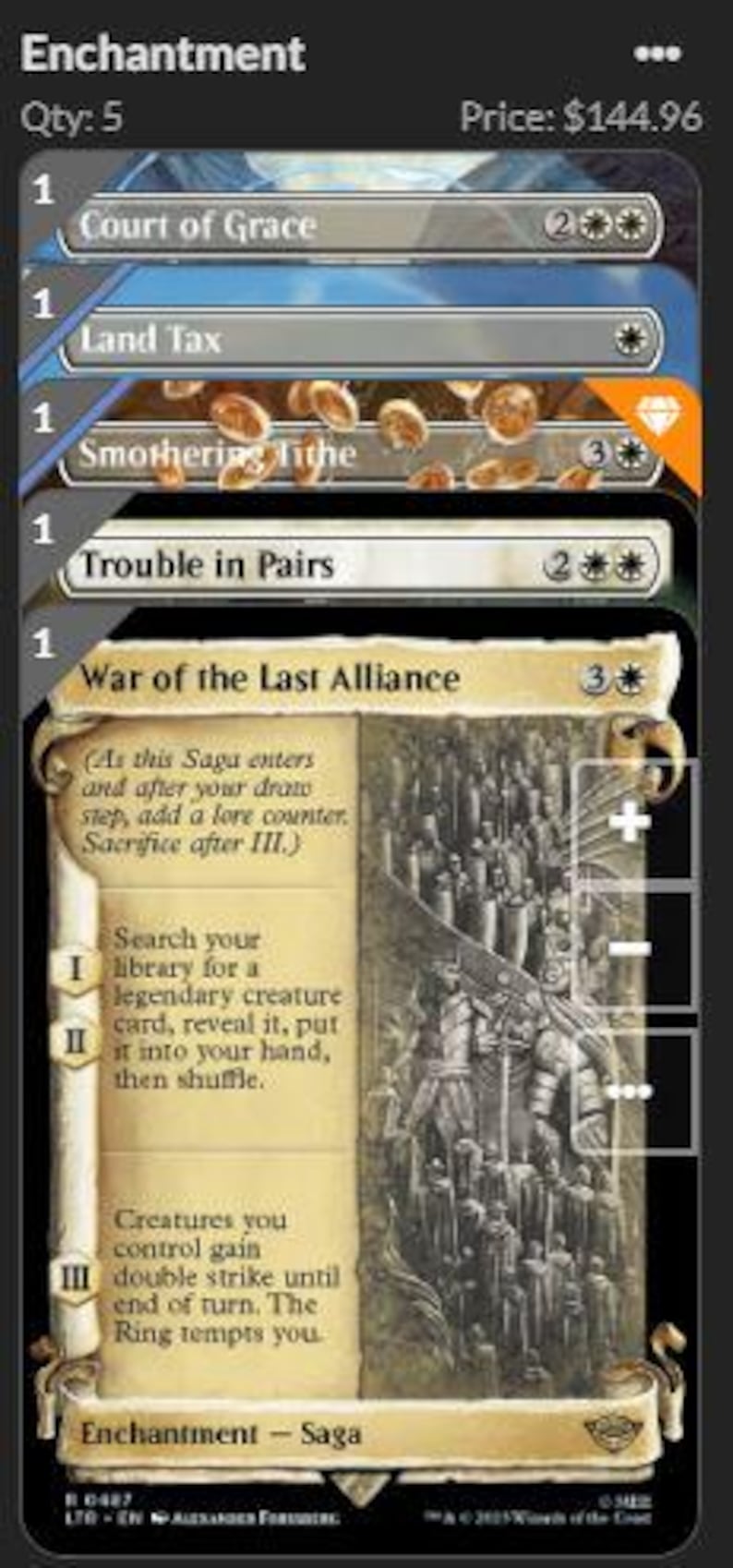 K&ouml;nnte beinhalten: Eine digitale Benutzeroberfl&auml;che, die eine Sammlung von f&uuml;nf Magic: The Gathering-Sammelkarten mit dem Titel Enchantment anzeigt. Die Liste enth&auml;lt Court of Grace, Land Tax, Smothering Tithe, Trouble in Pairs und War of the Last Alliance mit detailliertem Text und Illustrationen.