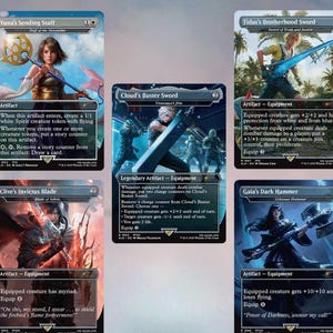 May include: Five Magic: The Gathering trading cards featuring Final Fantasy characters and weapons. Cards include Yuna's Sending Staff, Tidus's Brotherhood Sword, Cloud's Buster Sword, Clive's Invictus Blade, and Gaia's Dark Hammer, each with detailed character illustrations and game text.