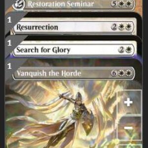 K&ouml;nnte beinhalten: Eine Sammlung von sieben Magic: The Gathering Sammelkarten, die vertikal gestapelt sind. Die sichtbaren Karten umfassen Armageddon, Breath of Life, Late to Dinner, Restoration Seminar, Resurrection, Search for Glory und Vanquish the Horde.