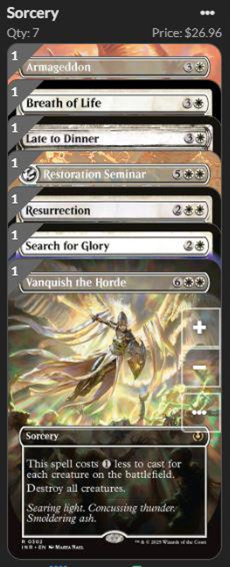 K&ouml;nnte beinhalten: Eine Sammlung von sieben Magic: The Gathering Sammelkarten, die vertikal gestapelt sind. Die sichtbaren Karten umfassen Armageddon, Breath of Life, Late to Dinner, Restoration Seminar, Resurrection, Search for Glory und Vanquish the Horde.