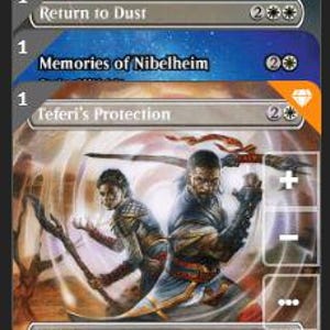 K&ouml;nnte beinhalten: Eine digitale Benutzeroberfl&auml;che mit einem Stapel von f&uuml;nf Magic: The Gathering-Sammelkarten, darunter Dawn's Truce, Generous Gift, Return to Dust, Memories of Nibelheim und Teferi's Protection, mit detaillierten Fantasy-Illustrationen.