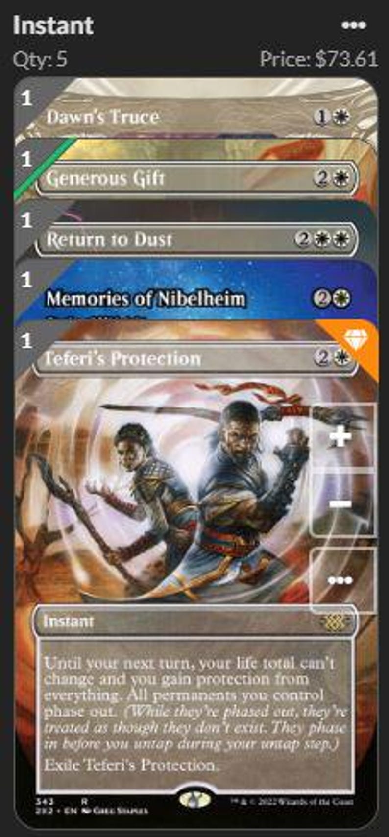 K&ouml;nnte beinhalten: Eine digitale Benutzeroberfl&auml;che mit einem Stapel von f&uuml;nf Magic: The Gathering-Sammelkarten, darunter Dawn's Truce, Generous Gift, Return to Dust, Memories of Nibelheim und Teferi's Protection, mit detaillierten Fantasy-Illustrationen.