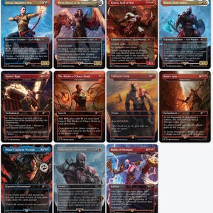 Op de afbeelding: Een verzameling van twaalf Magic: The Gathering-kaarten met personages uit de God of War-serie. Elke kaart heeft unieke illustraties en tekst, met titels als "Kratos, God of War" en "Freya, Queen of the Valkyries".