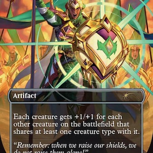 May include: A collectible trading card titled Coat of Arms featuring a warrior in green and purple armor holding a spear and a glowing gold shield. The card text reads: Each creature gets +1/+1 for each other creature on the battlefield.