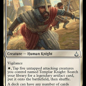 May include: A Magic: The Gathering card titled "Templar Knight." The card features an illustration of a knight in armor, holding a sword, with a background of a medieval setting. The card text describes the creature's abilities.