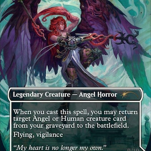 May include: A trading card titled Bruna, the Fading Light, featuring a red-haired angel with large dark purple wings. The card text identifies it as a Legendary Creature - Angel Horror with 5/7 power and toughness, and includes the quote My heart is no longer my own.