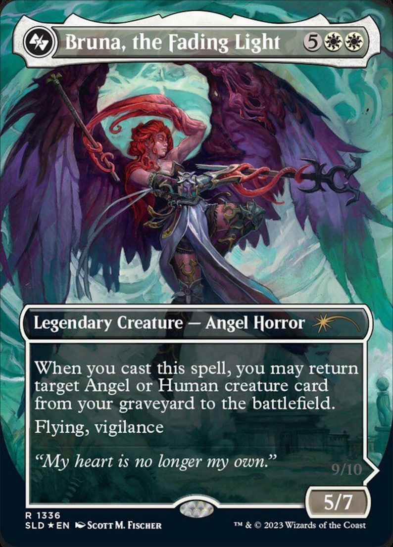 K&ouml;nnte beinhalten: Eine Sammelkarte mit dem Titel Bruna, the Fading Light, die einen rothaarigen Engel mit gro&szlig;en dunkelvioletten Fl&uuml;geln zeigt. Der Kartentext bezeichnet sie als Legendary Creature - Angel Horror mit 5/7 St&auml;rke und Widerstandskraft sowie dem Zitat My heart is no longer my own.