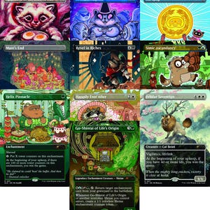 May include: A collection of nine Magic: The Gathering trading cards featuring colorful, illustrated animal characters. The cards include titles like Approach of the Second Sun, Triskaidekaphile, Sol Ring, Maze's End, Revel in Riches, Simic Ascendancy, Helix Pinnacle, Happily Ever After, and Go-Shintai of Life's Origin.