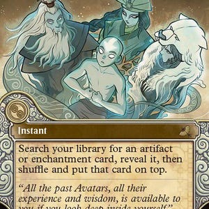 May include: A Magic: The Gathering card titled "Enlightened Tutor." The card features an illustration of several figures in a fantasy setting. The text on the card reads, "Search your library for an artifact or enchantment card..." and a quote.