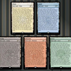May include: Five Magic: The Gathering Basic Land cards: Plains, Island, Swamp, Mountain, and Forest. Each card features a unique landscape illustration and game text. The cards are black bordered with a white border and text.