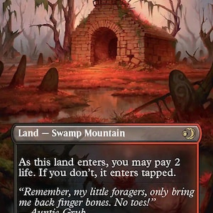 May include: A Magic: The Gathering card titled "Blood Crypt." The artwork depicts a brick structure in a swampy environment with text that reads "Land - Swamp Mountain." The card includes flavor text from "Auntie Grub."