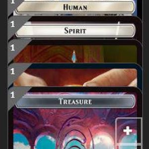 K&ouml;nnte beinhalten: Ein vertikaler Stapel von neun Magic: The Gathering Spielkarten mit der Bezeichnung Tokens & Extras. Die oberste Karte ist ein Schatz-Spielstein mit einer farbenfrohen, wirbelnden Portal-Illustration und dem Text Token Artifact - Treasure.