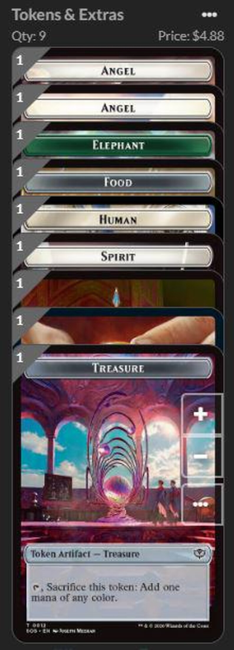 K&ouml;nnte beinhalten: Ein vertikaler Stapel von neun Magic: The Gathering Spielkarten mit der Bezeichnung Tokens & Extras. Die oberste Karte ist ein Schatz-Spielstein mit einer farbenfrohen, wirbelnden Portal-Illustration und dem Text Token Artifact - Treasure.