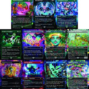 May include: A collection of eleven Magic: The Gathering trading cards featuring vibrant, psychedelic fantasy artwork. Each card displays unique character illustrations, game text, and mana symbols, presented in a grid layout with dark borders.