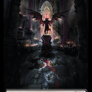 May include: A dark fantasy illustration of a Swamp card from Magic: The Gathering. The image features a winged demon figure above a stone structure, with a gothic cathedral in the background. The card is labeled "Basic Land - Swamp."