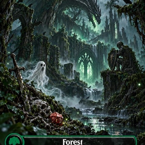 May include: A rectangular game card titled Forest featuring a dark fantasy illustration of a dragon, a ghost, a skull, a sword, and a red twenty-sided die. The scene includes a ruined stone structure, a waterfall, and a knight with a shield.