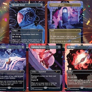 May include: A selection of Magic: The Gathering trading cards. The cards showcase fantasy art with themes of space, artifacts, and celestial bodies. The cards include "Thought Vessel", "Command Tower", "Arcane Signet", "Lightning Greaves", and "Sol Ring".