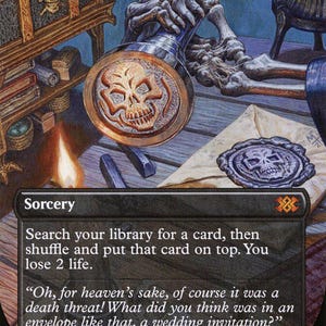 May include: A Magic: The Gathering card titled "Imperial Seal." The artwork depicts a large, ornate seal with a skull design, a skeleton hand, and a wax seal on an envelope. The card is a sorcery.