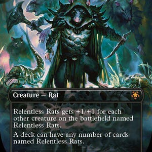 May include: A Magic: The Gathering card named "Relentless Rats." The illustration shows a hooded rat warrior with a weapon, set against a dark, fantasy backdrop with other rat figures. The card text details the creature's abilities.