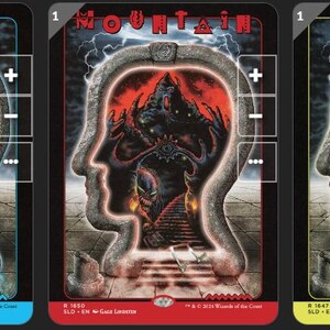 May include: Five fantasy-themed trading cards. Each card features a human head outline with a landscape inside. The landscapes include a forest, islands, mountains, plains, and swamps. Each card has a different color border and the word "1" in the top right corner.