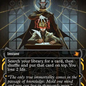 May include: A Magic: The Gathering card titled "Vampiric Tutor." The artwork depicts a vampire figure looming over a person writing at a desk. The card has a black border with gold accents and includes text describing the card's function.