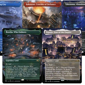 May include: A collection of five Magic: The Gathering trading cards featuring Otawara, Soaring City, Sokenzan, Crucible of Defiance, Takenuma, Abandoned Mire, Boseiju, Who Endures, and Eiganjo, Seat of the Empire, each displaying unique fantasy landscape art.