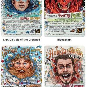 May include: Four Magic: The Gathering trading cards. Lier, Disciple of the Drowned, a blue-haired wizard. Bloodghast, a red vampire spirit. Storm-Kiln Artist, a dwarf shaman. Anhelo, the Painter, a vampire assassin. Each card has unique art and text.