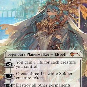 May include: A Miku, Divine Diva trading card featuring a character with long teal hair wearing a white and gold outfit, holding a bundle of wheat. The card text includes abilities for a Legendary Planeswalker, Elspeth, with a starting loyalty of 4.